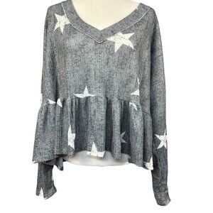 Altar'd State Gray and White Star V-neck Ruffle Bottom‎ Top Size M